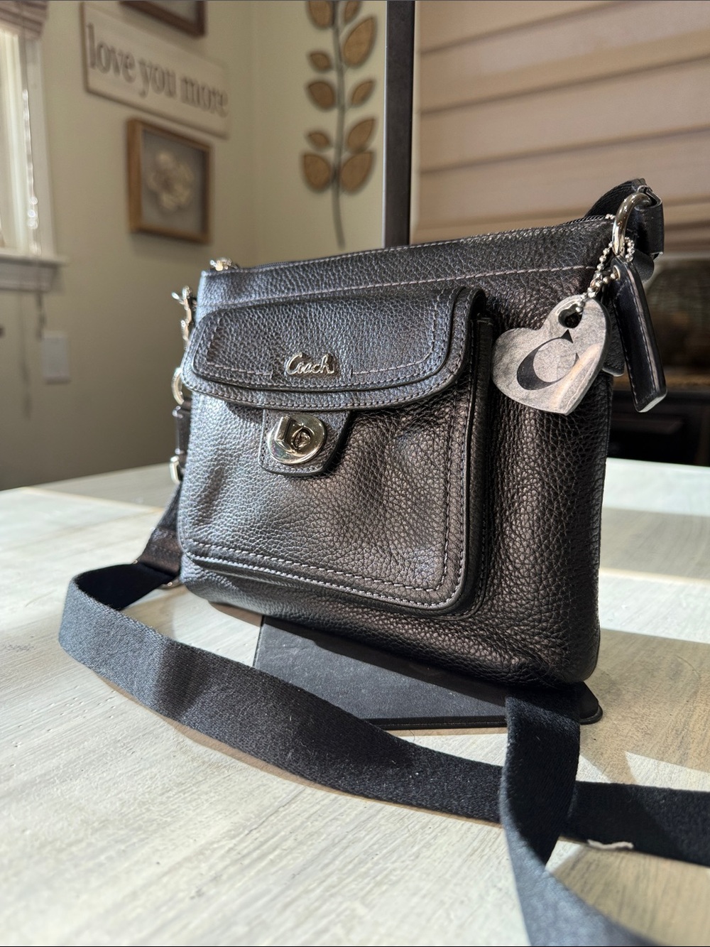 Coach Black Pebbled Leather Crossbody with Heart Charm-EUC